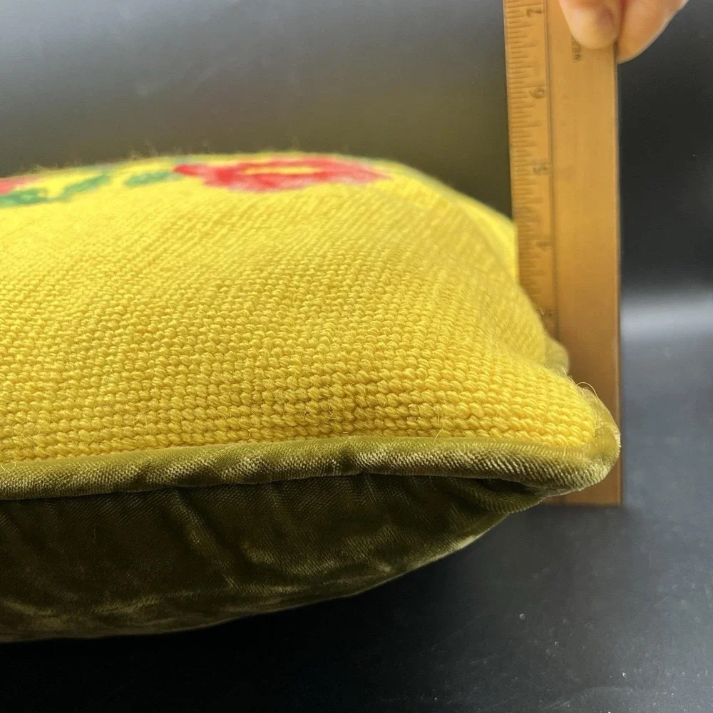 VTG Floral Tapestry Pillow Yellow w/ Bright flowers Needlepoint 15x15 Velvet Bck